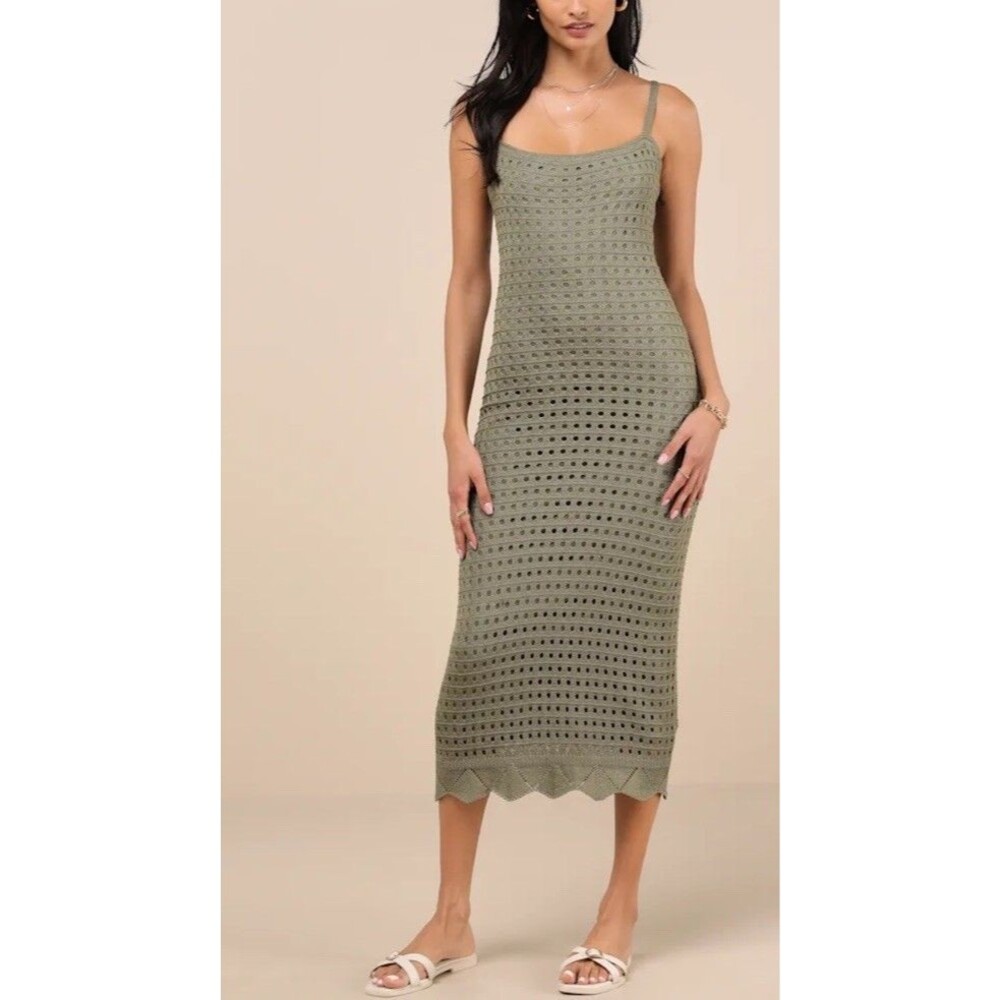 Lulus Midi Dress M Venture Vision Olive Green Crochet Knit Strappy Back Boho